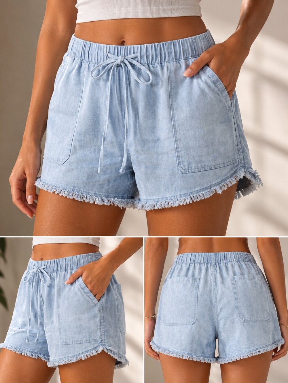 Dex Light Blue High Waist Frayed Hem Shorts